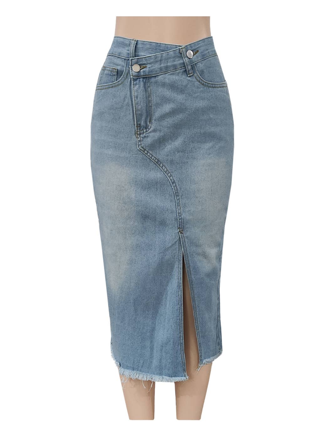 Raw Hem Front Slit Denim Midi Skirt