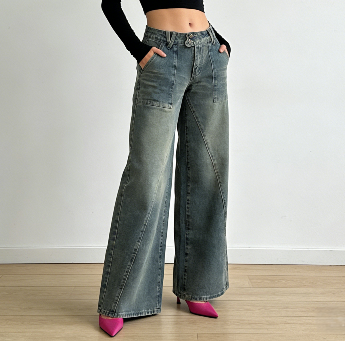 Faded Wash Low Rise Wide Leg Jeans - Blue