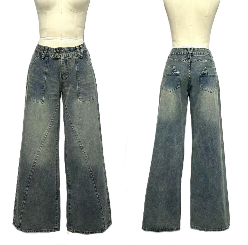 Faded Wash Low Rise Wide Leg Jeans - Blue - 1