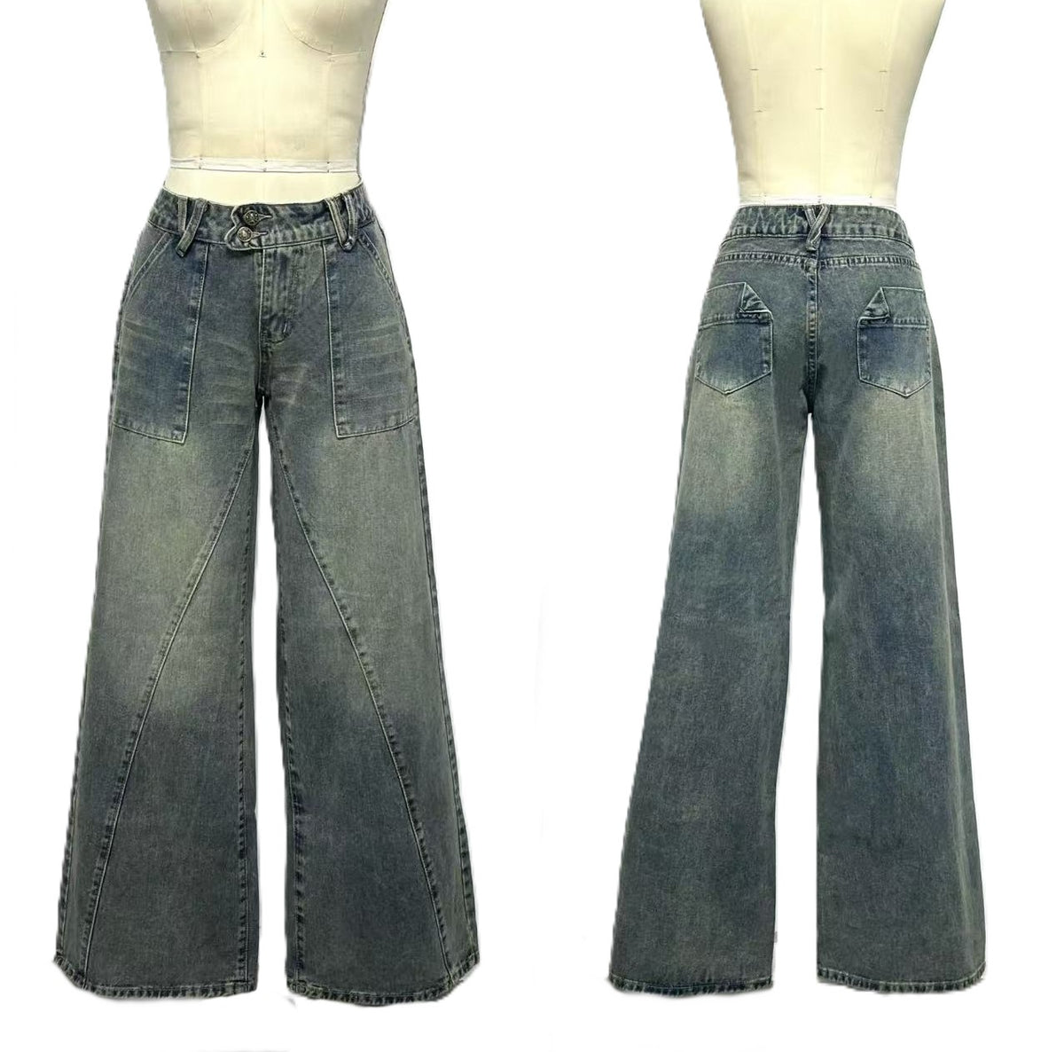 Faded Wash Low Rise Wide Leg Jeans - Blue - 1