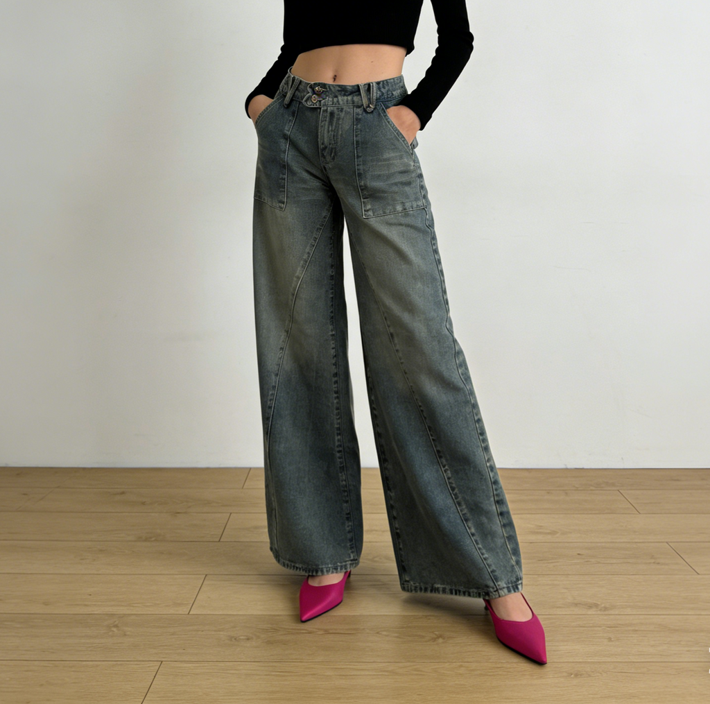 Faded Wash Low Rise Wide Leg Jeans - Blue - 2