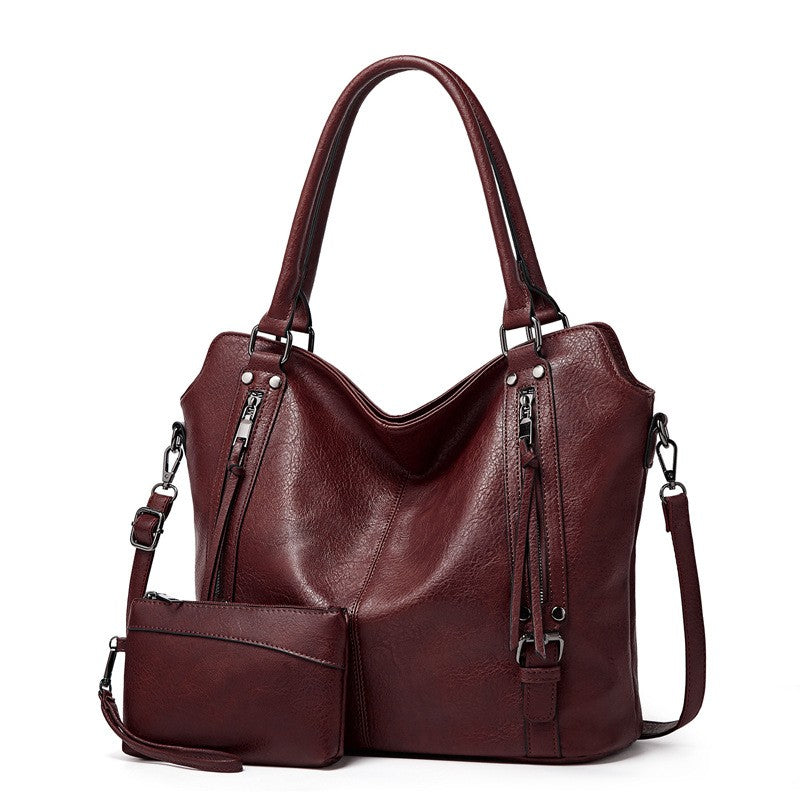 Large Vegan Leather Tote with Tassel Zippers - Burgundy with Pouch