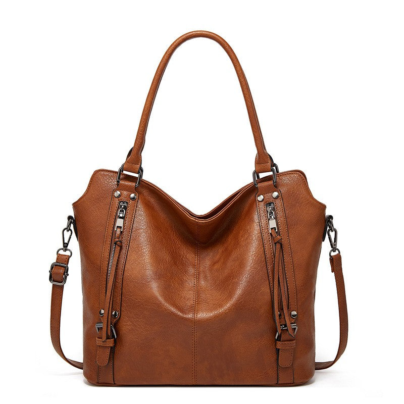 Large Vegan Leather Tote with Tassel Zippers - Cognac