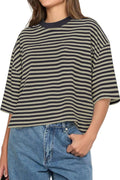 Boxy Striped Drop Shoulder Crewneck Tee - Apricot