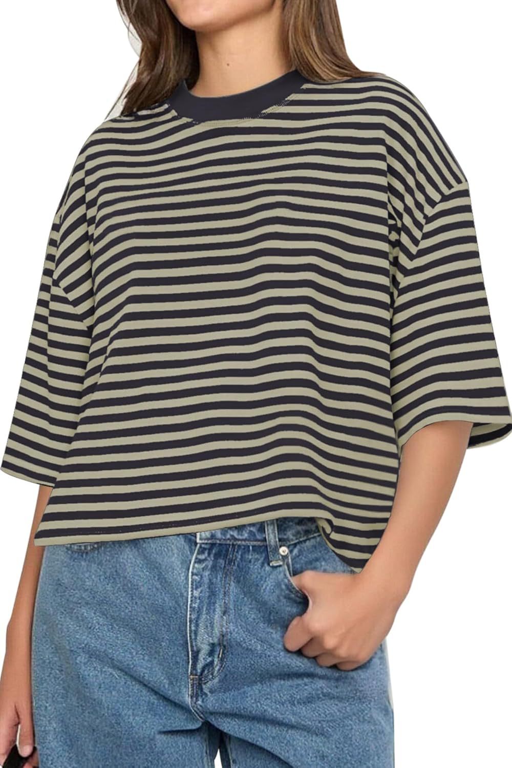 Boxy Striped Drop Shoulder Crewneck Tee - Apricot