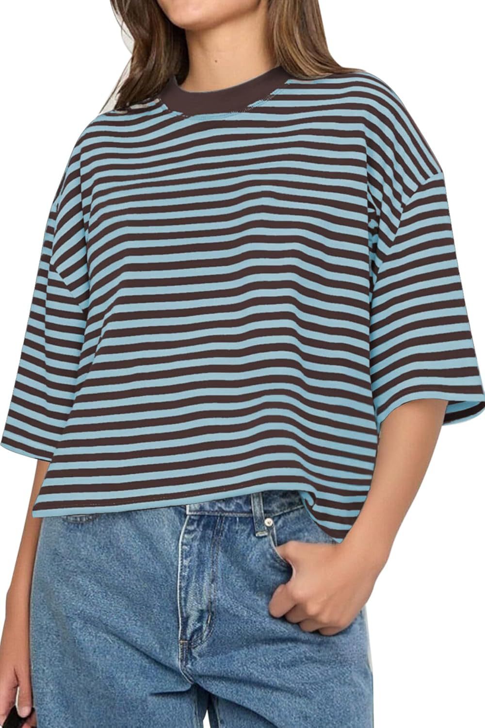 Boxy Striped Drop Shoulder Crewneck Tee - Blue