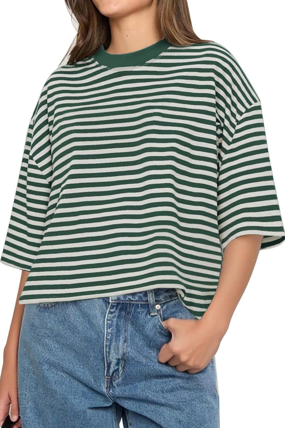 Boxy Striped Drop Shoulder Crewneck Tee - Green