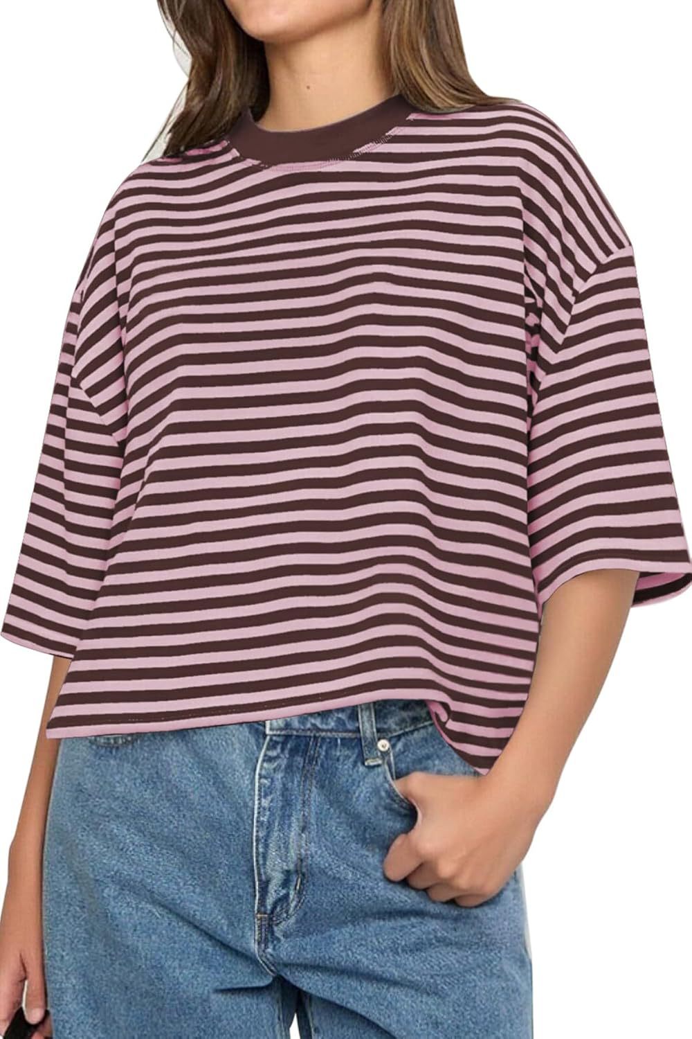 Boxy Striped Drop Shoulder Crewneck Tee - Pink