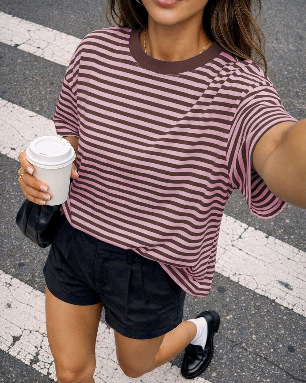 Boxy Striped Drop Shoulder Crewneck Tee - Pink - 1