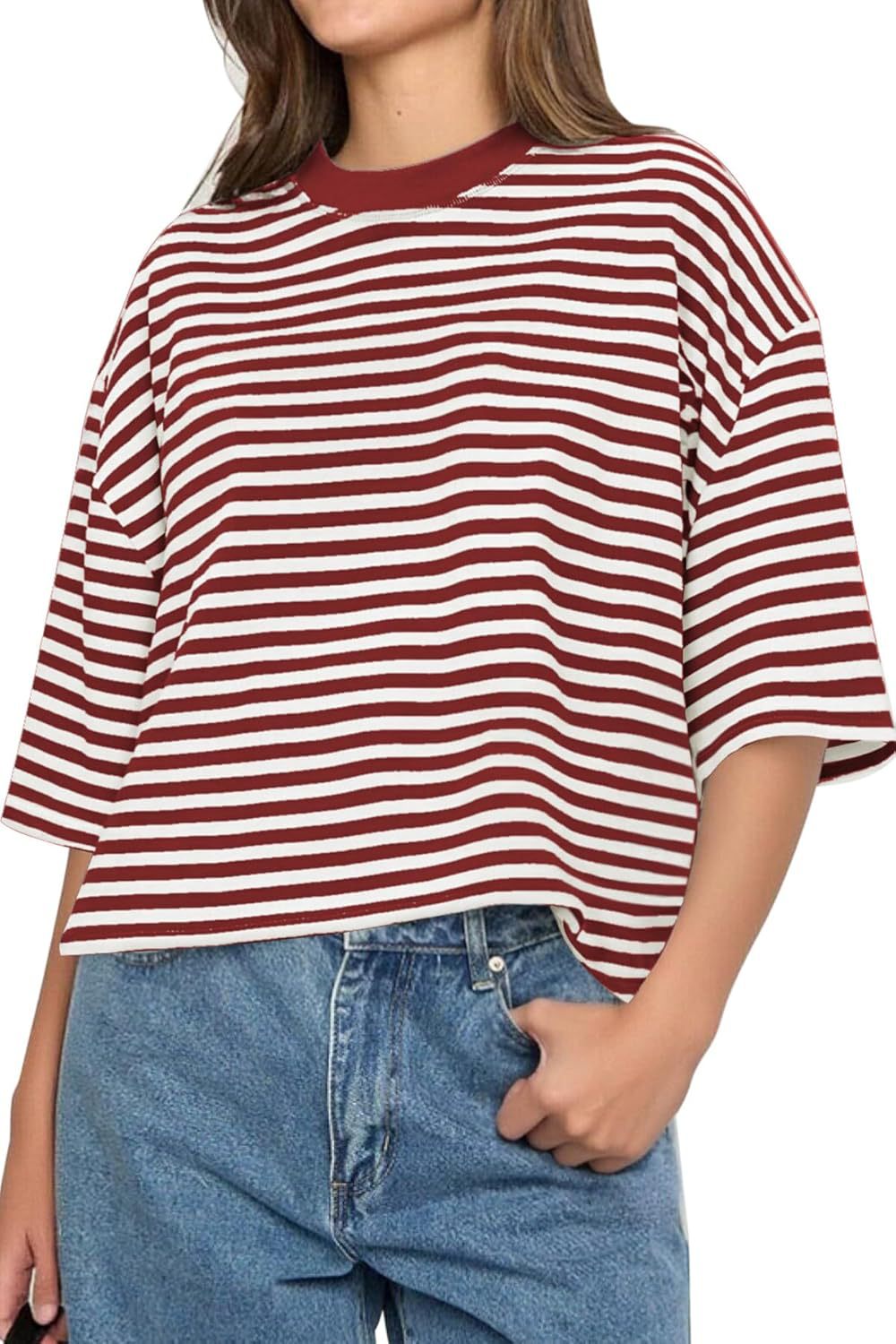 Boxy Striped Drop Shoulder Crewneck Tee - Red