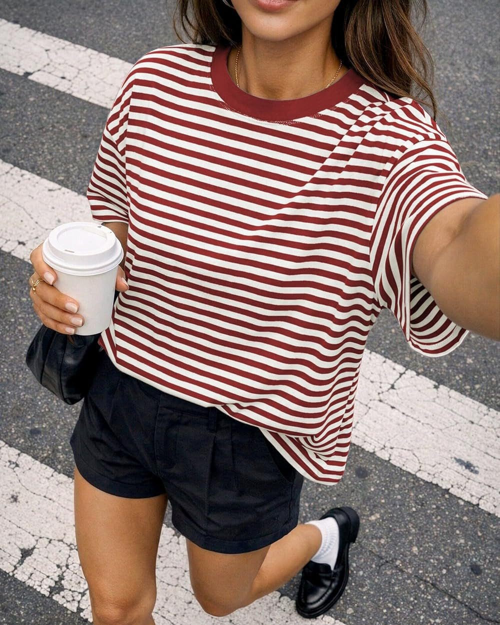Boxy Striped Drop Shoulder Crewneck Tee - Red - 1