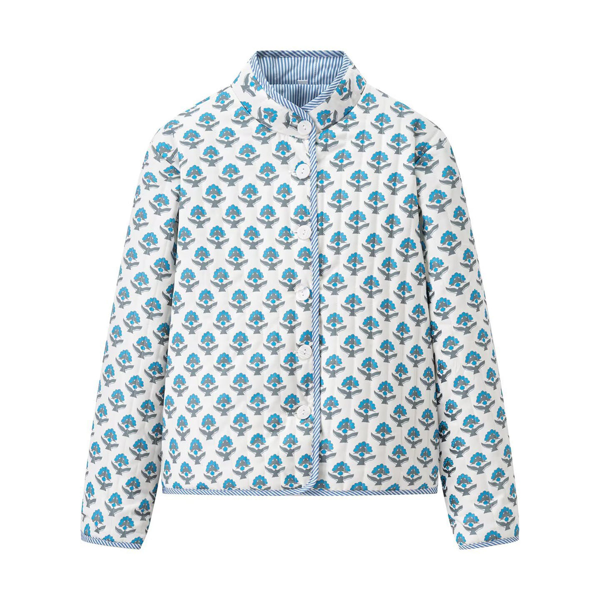 Quilted Reversible Stand Collar Floral Jacket - Blue