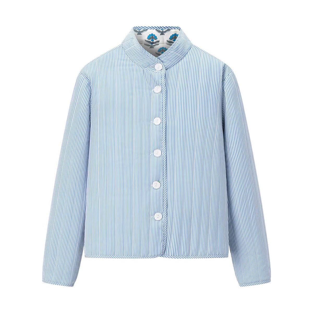 Quilted Reversible Stand Collar Floral Jacket - Blue - 2