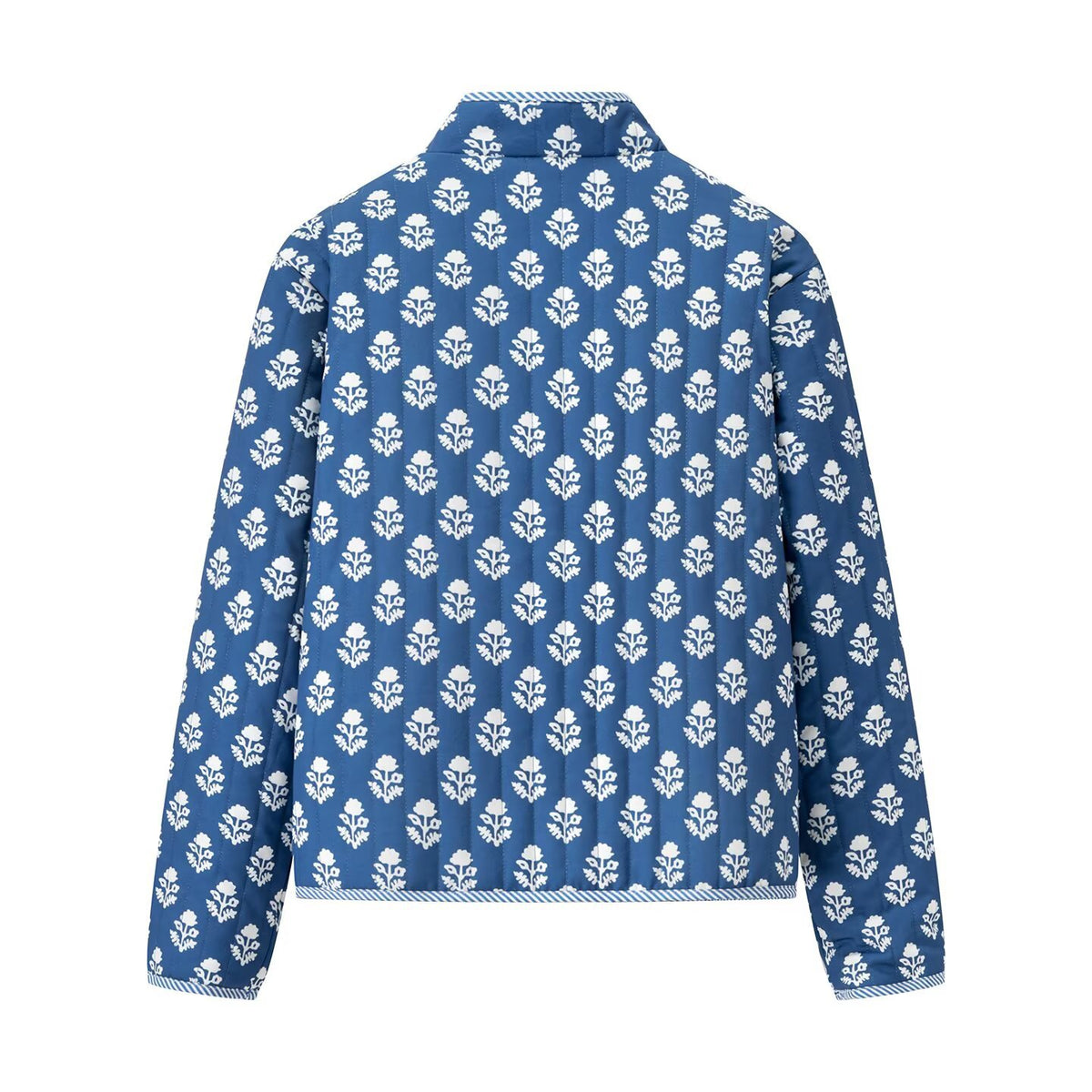 Quilted Reversible Stand Collar Floral Jacket - Indigo - 1