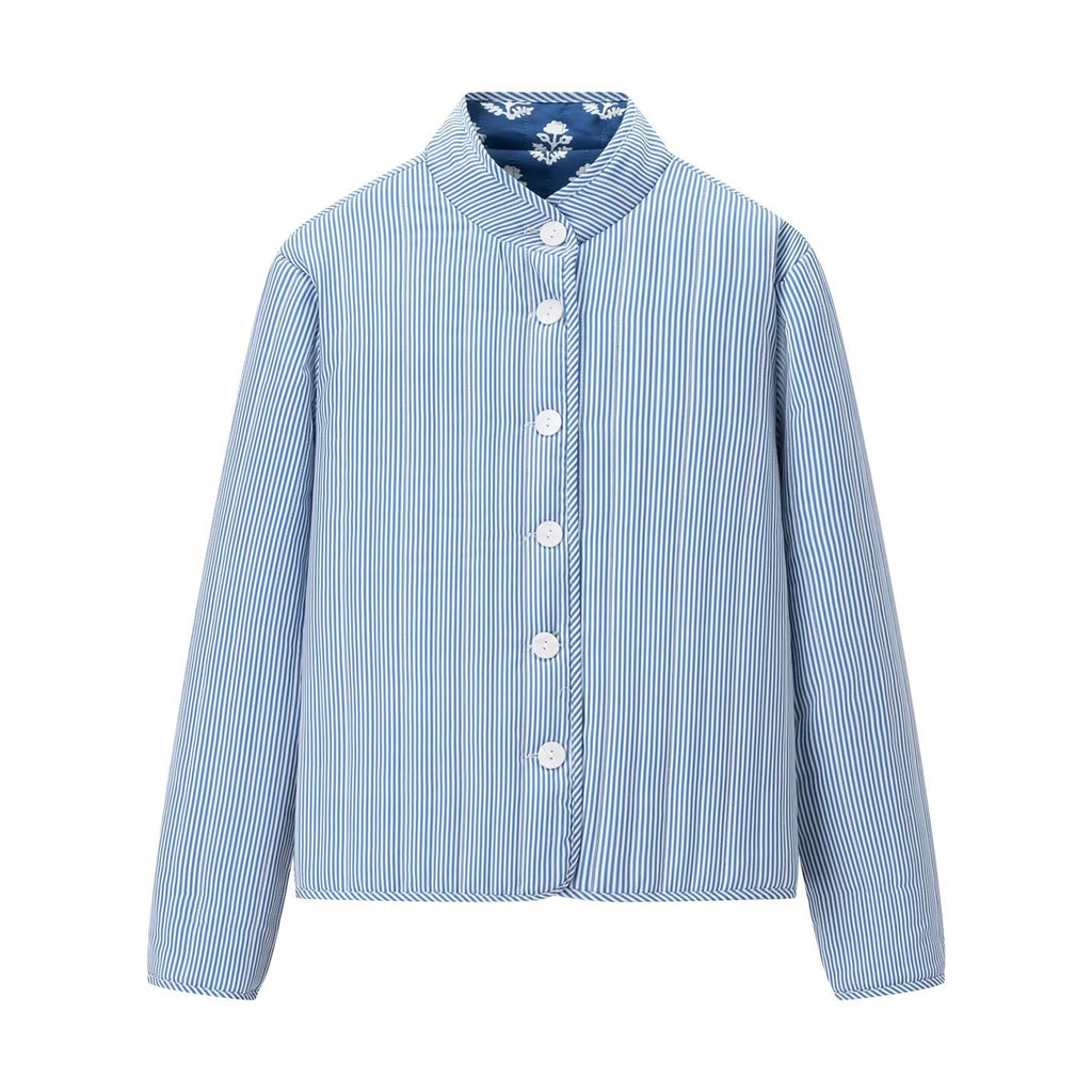 Quilted Reversible Stand Collar Floral Jacket - Indigo - 2