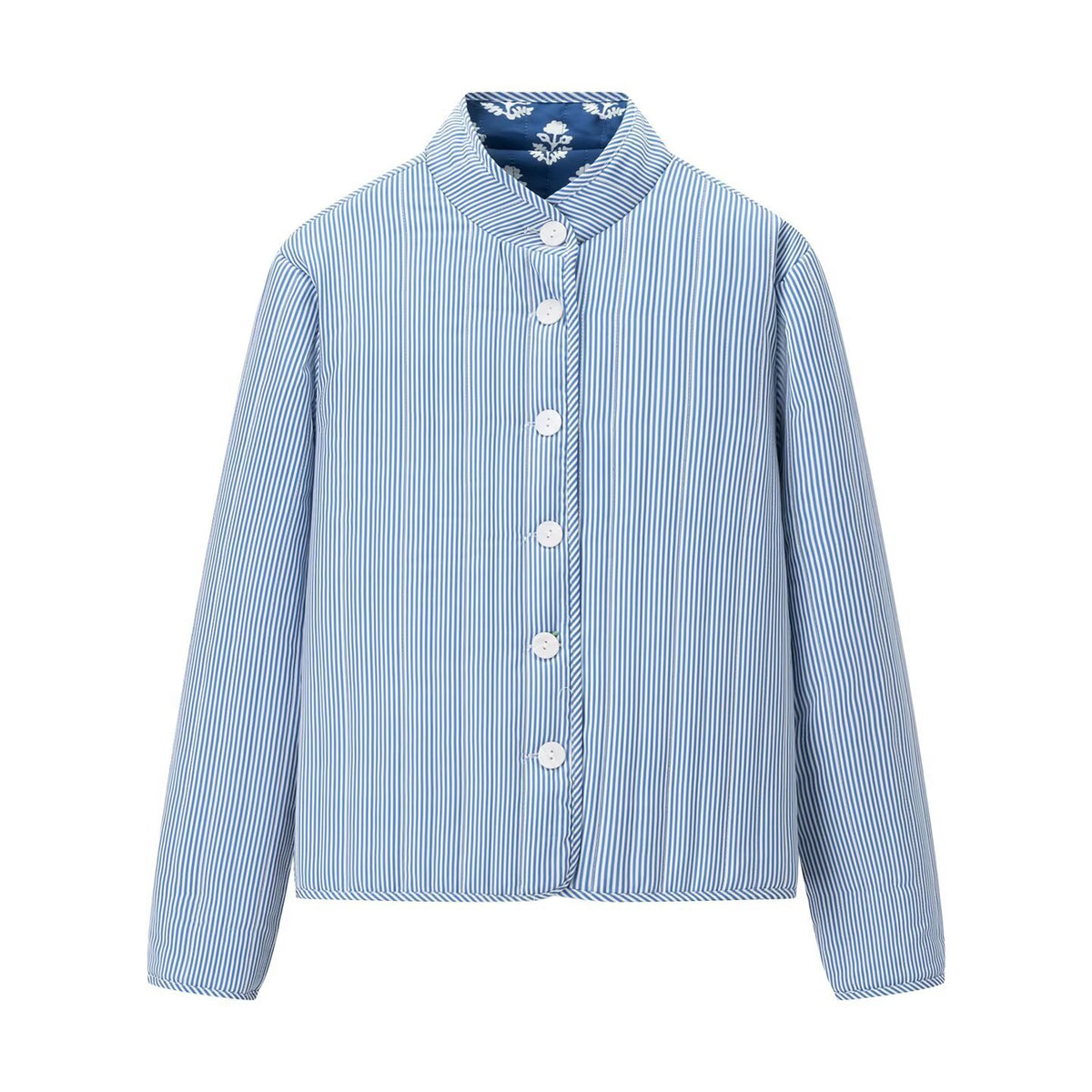 Quilted Reversible Stand Collar Floral Jacket - Indigo - 2