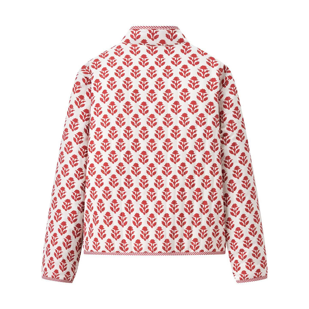 Quilted Reversible Stand Collar Floral Jacket - Red - 2