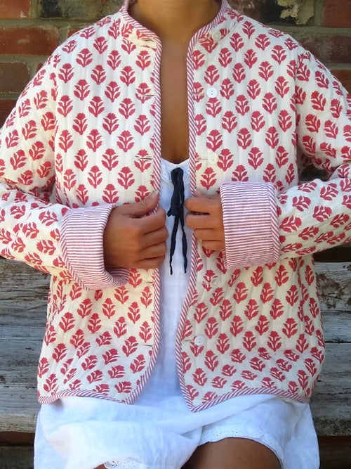 Quilted Reversible Stand Collar Floral Jacket - Red - 7