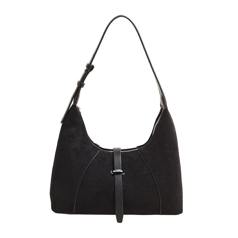 Faux Suede Buckle Tab Hobo Shoulder Bag - Black