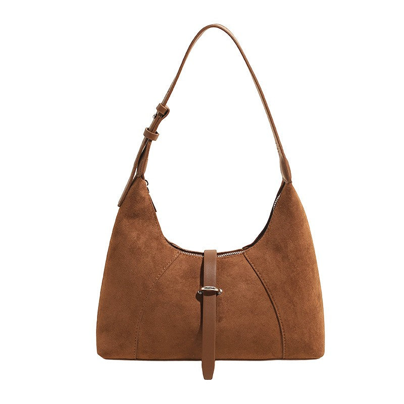 Faux Suede Buckle Tab Hobo Shoulder Bag - Camel