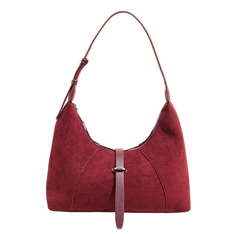 Faux Suede Buckle Tab Hobo Shoulder Bag - Wine Red