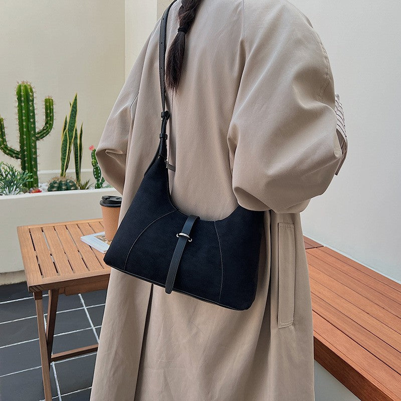 Faux Suede Buckle Tab Hobo Shoulder Bag