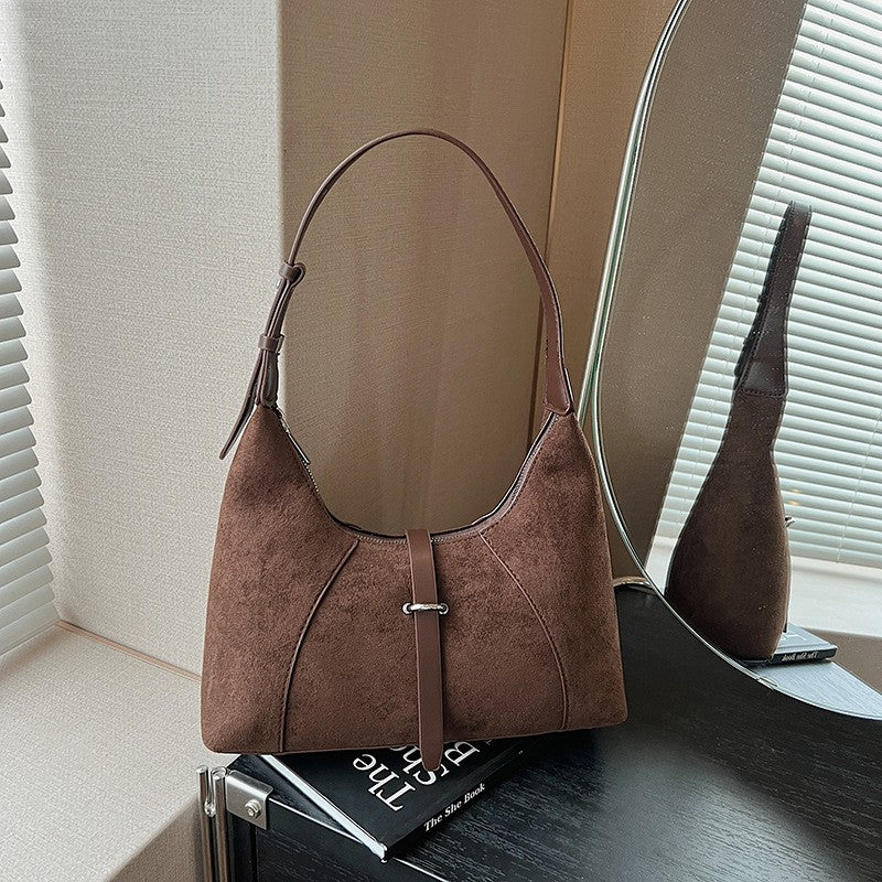 Faux Suede Buckle Tab Hobo Shoulder Bag