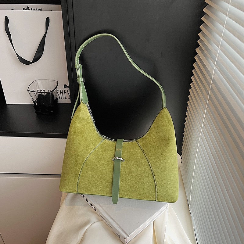 Faux Suede Buckle Tab Hobo Shoulder Bag