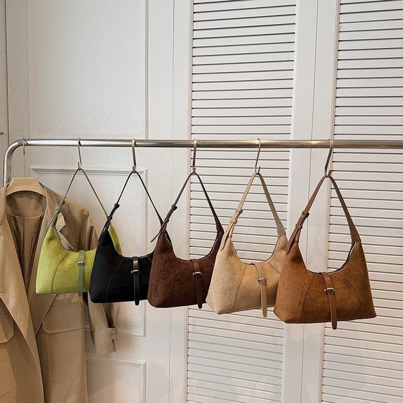 Faux Suede Buckle Tab Hobo Shoulder Bag
