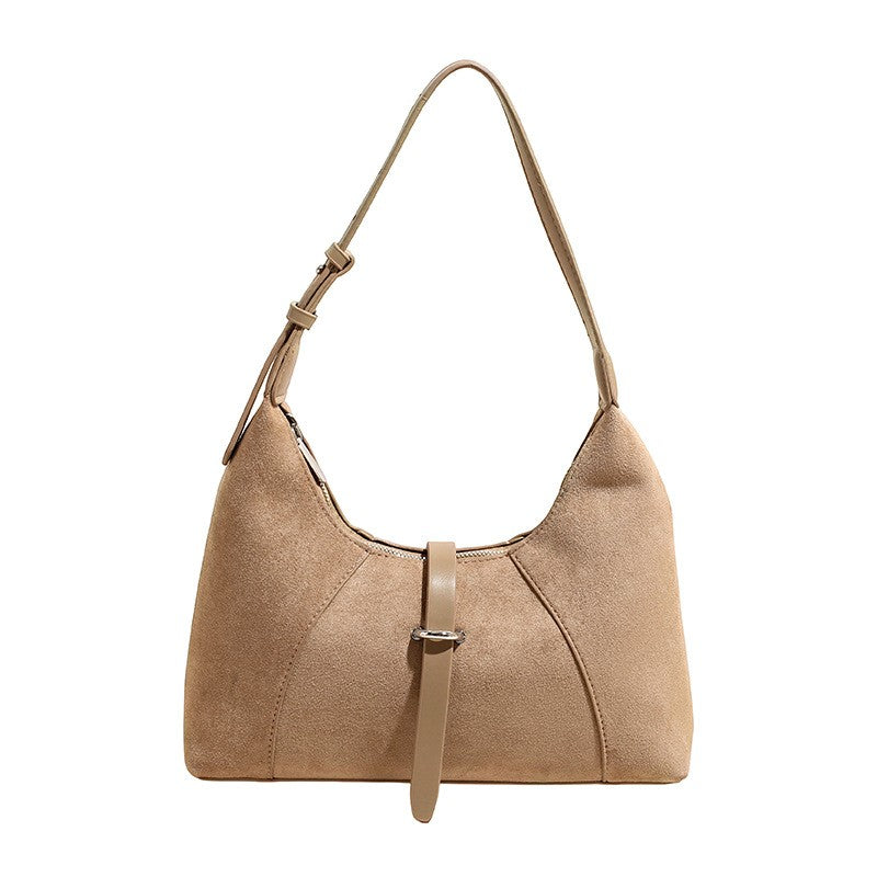 Faux Suede Buckle Tab Hobo Shoulder Bag