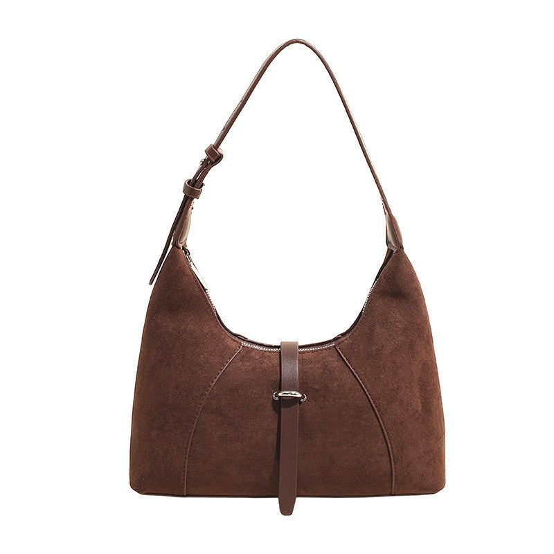 Faux Suede Buckle Tab Hobo Shoulder Bag
