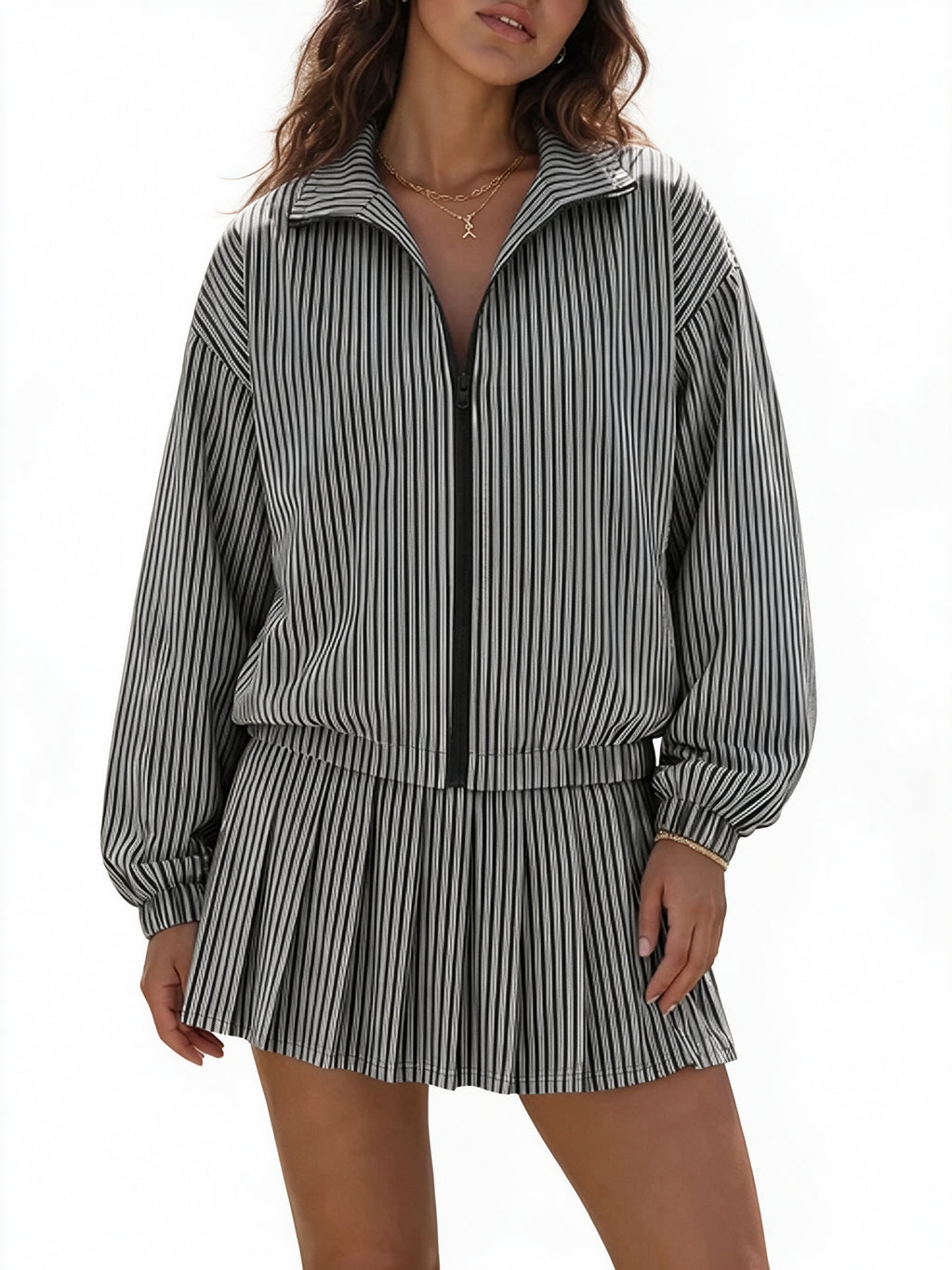 Pinstripe Tennis Skirt Set with Zip-Up Jacket - Black