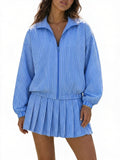 Pinstripe Tennis Skirt Set with Zip-Up Jacket - Blue