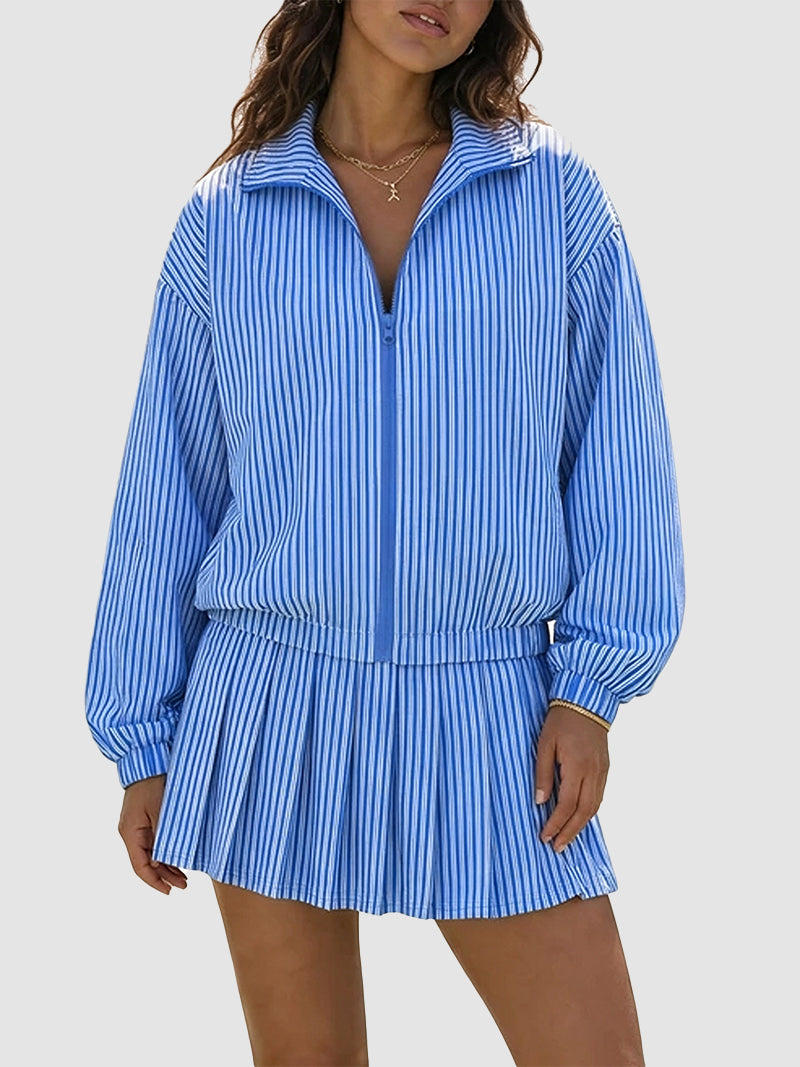 Pinstripe Tennis Skirt Set with Zip-Up Jacket - Blue - 1