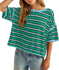 Striped Batwing Sleeve Oversized Cotton Tee - Green