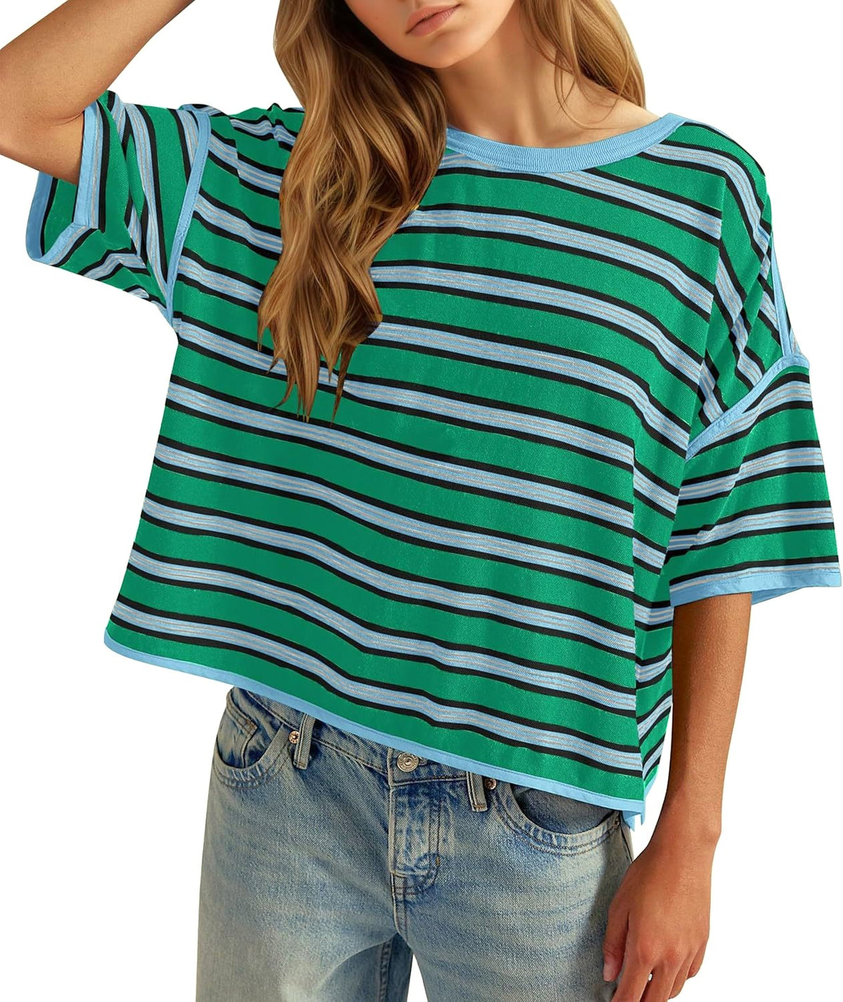 Striped Batwing Sleeve Oversized Cotton Tee - Green