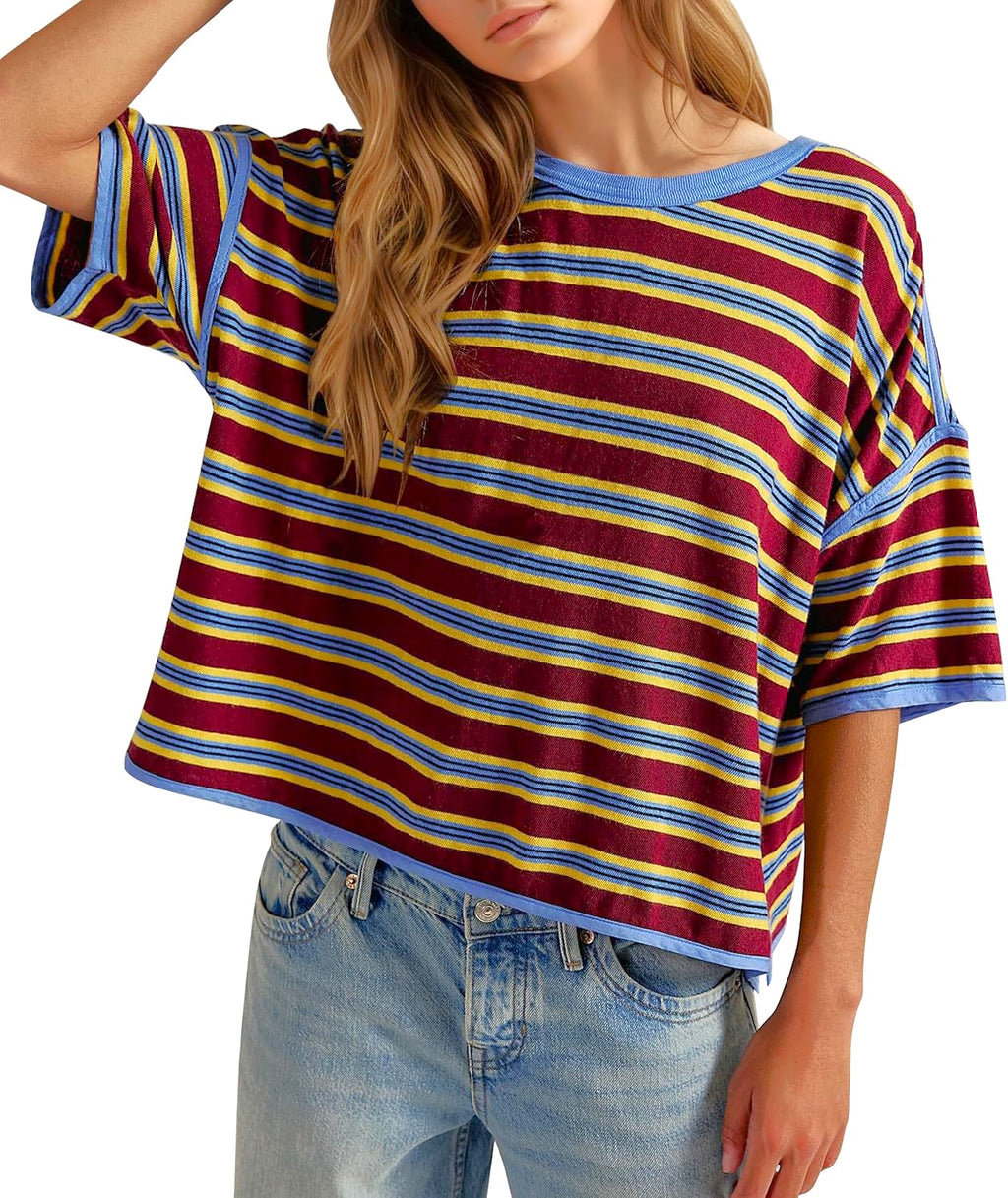 Striped Batwing Sleeve Oversized Cotton Tee - Red