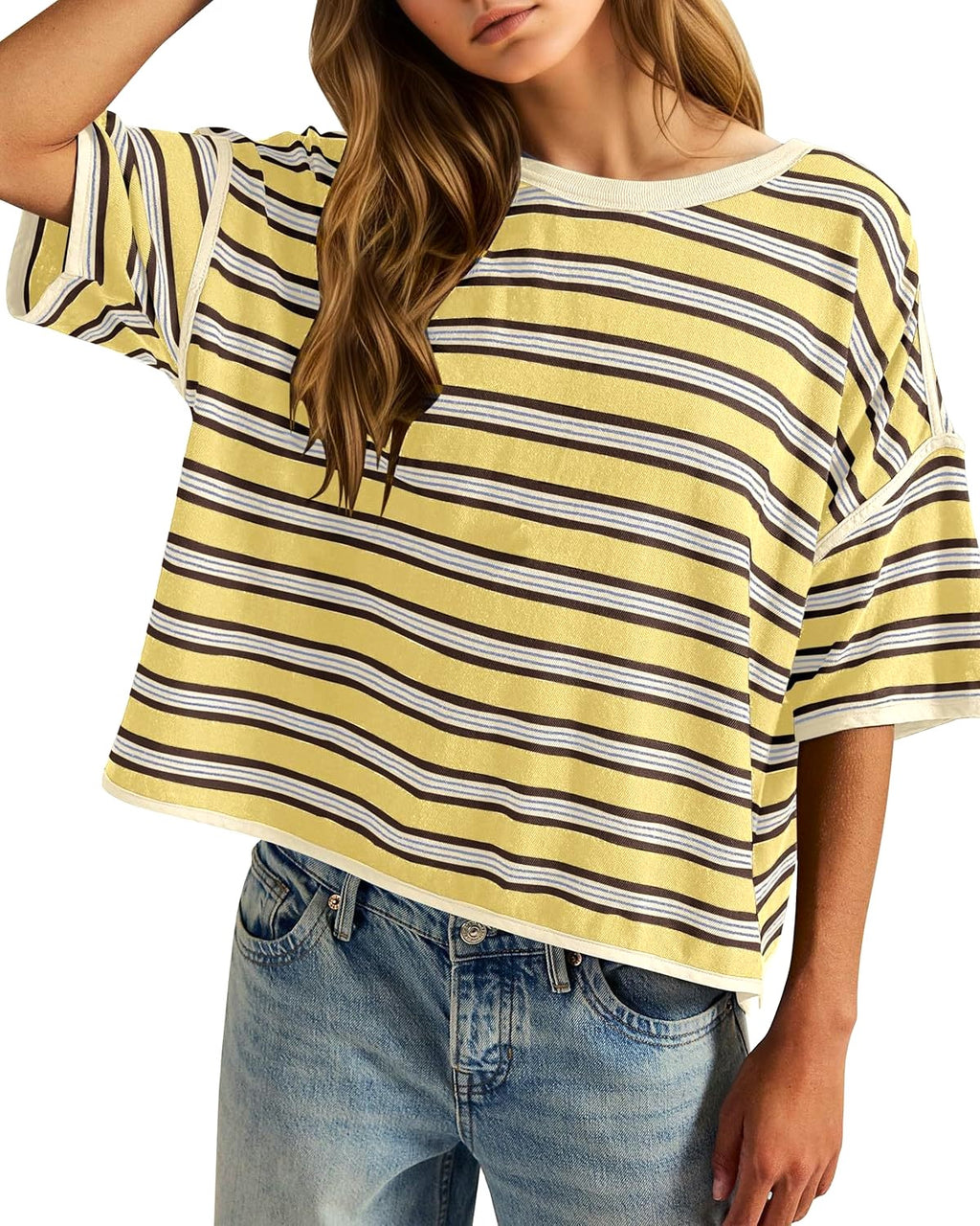 Striped Batwing Sleeve Oversized Cotton Tee - Yellow
