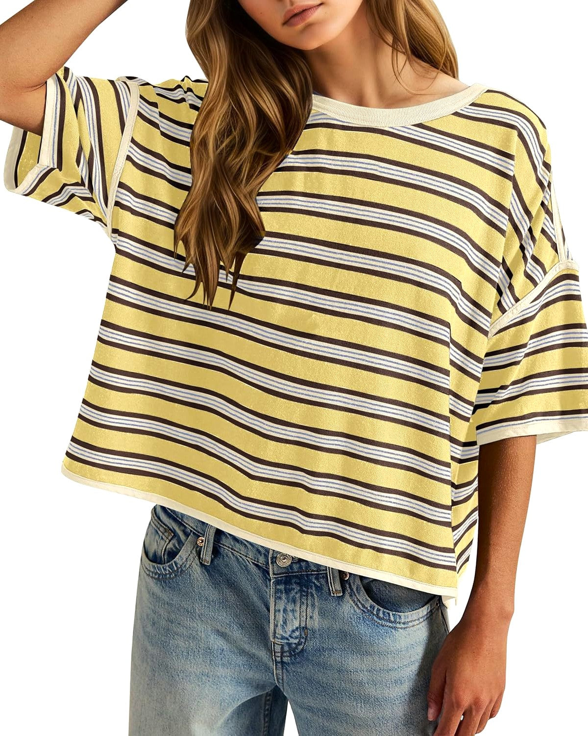 Striped Batwing Sleeve Oversized Cotton Tee - Yellow