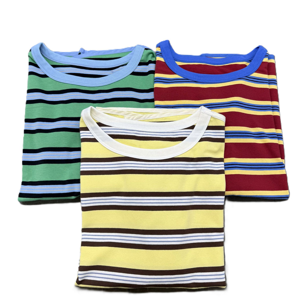 Striped Batwing Sleeve Oversized Cotton Tee - Yellow - 2