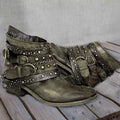 Studded Buckle Strap Western Ankle Boots - Olive