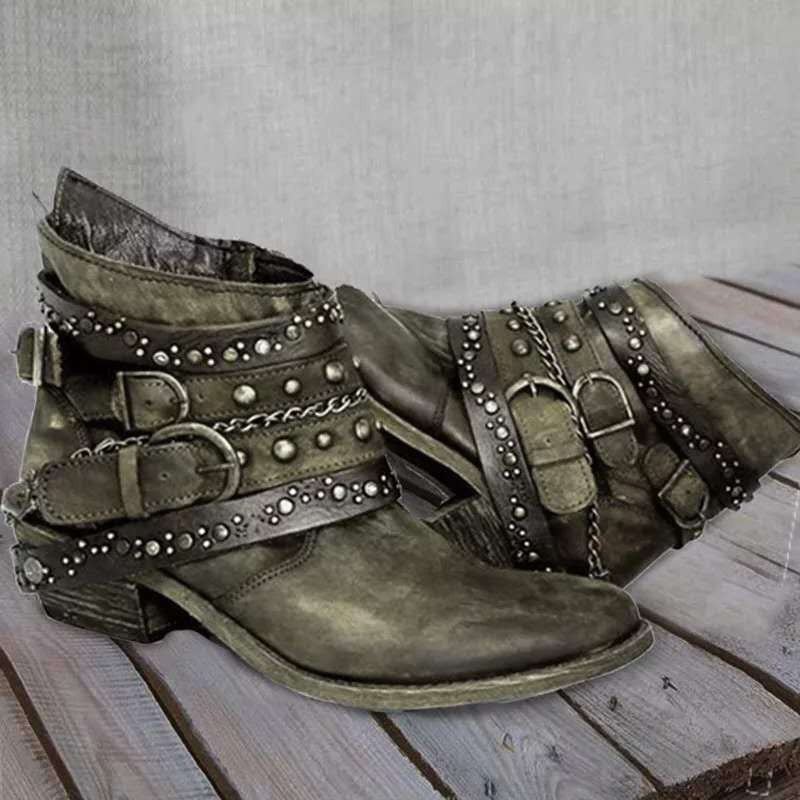 Studded Buckle Strap Western Ankle Boots - Olive