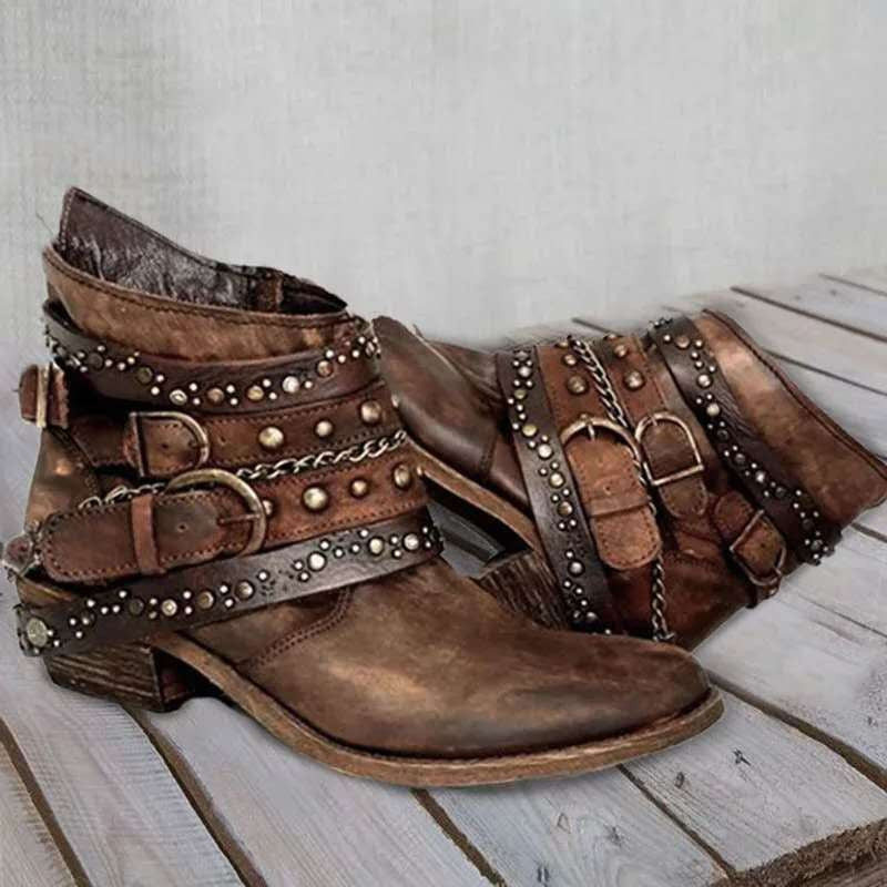 Studded Buckle Strap Western Ankle Boots