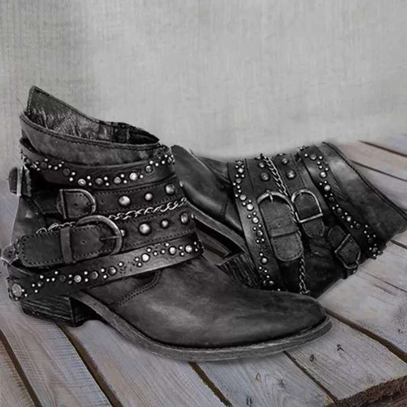 Studded Buckle Strap Western Ankle Boots