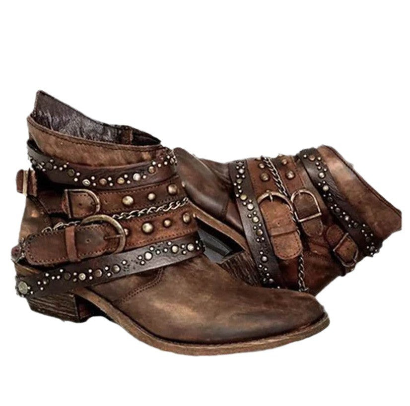 Studded Buckle Strap Western Ankle Boots