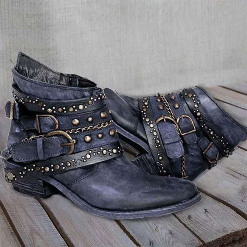 Studded Buckle Strap Western Ankle Boots