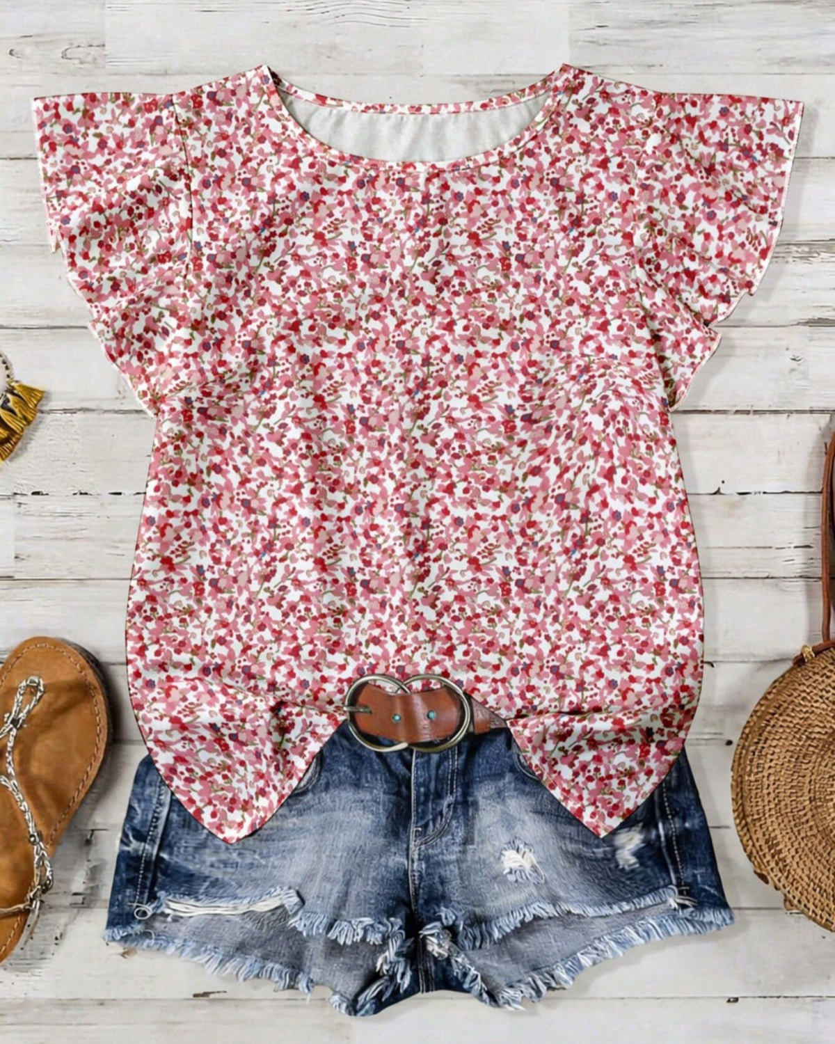 Flutter-Sleeve Boho Blouse in Ditsy Floral Print - Red