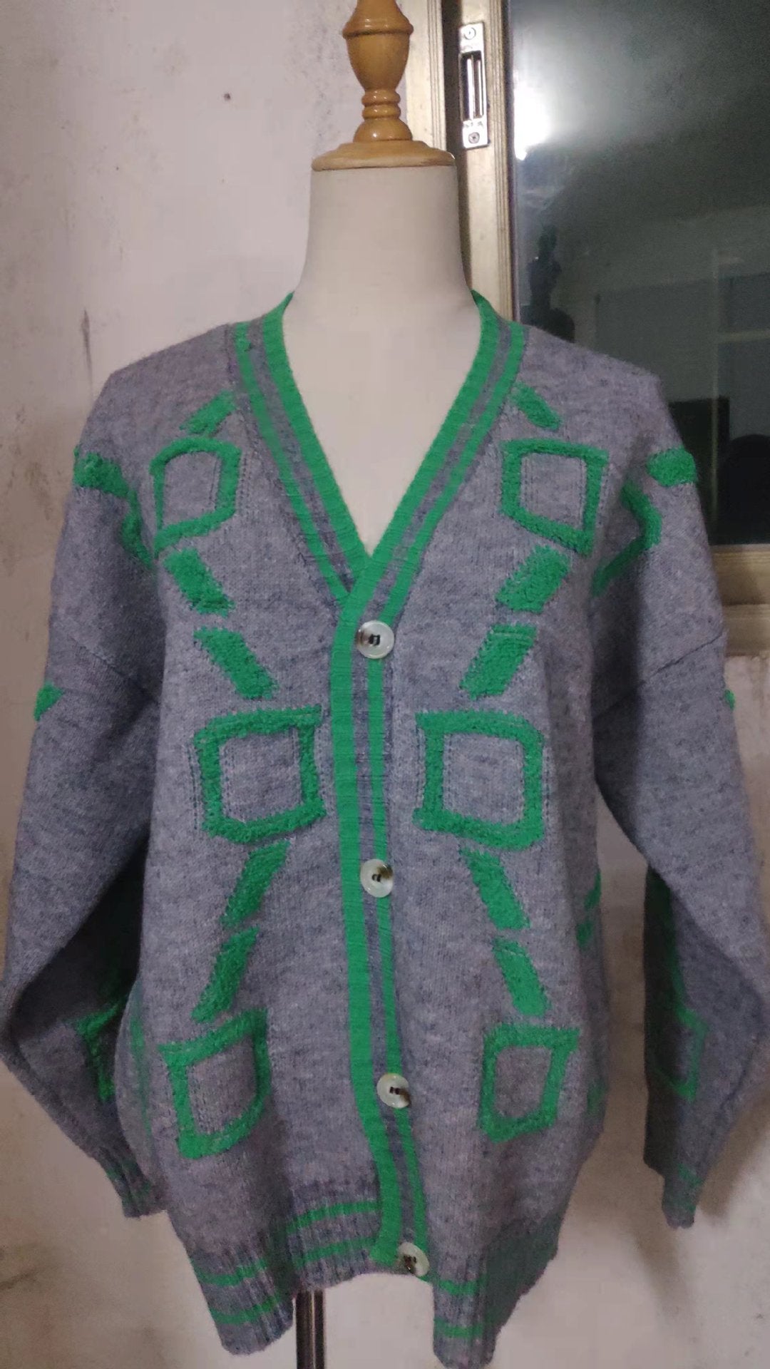 Diamond Intarsia V-Neck Button Cardigan - Grey