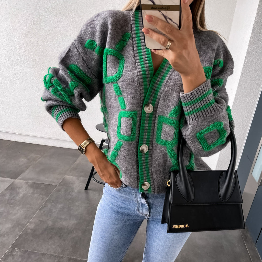 Diamond Intarsia V-Neck Button Cardigan - Grey - 1