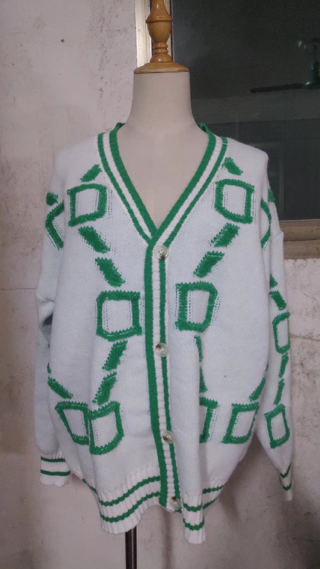 Diamond Intarsia V-Neck Button Cardigan - White